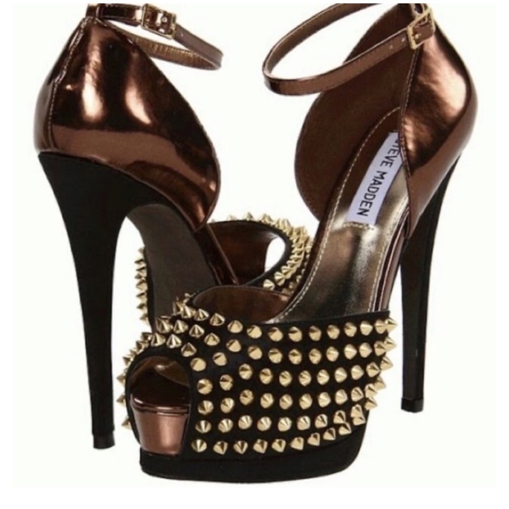 Steve Madden Obstacle Black and Bronze Studded Peep Toe Heels Size 8 Shoes
